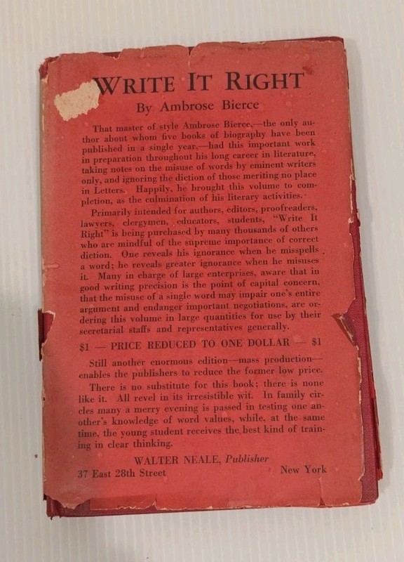 Write It Right by Ambrose Bierce (1909) Hardcover w/ RARE Dust Jacket 1st HC/DJ