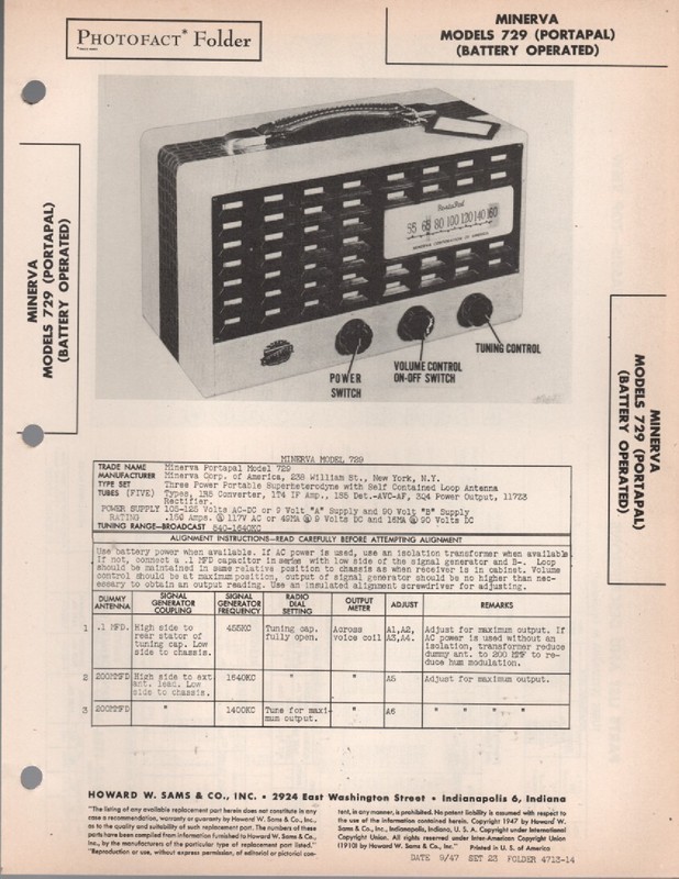 Minerva – Model 729 – Radio – Original Service Manual – 1947