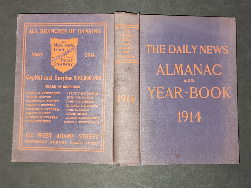 The CHICAGO DAILY NEWS ALMANAC & YEAR BOOK 1914 – WW1 Era Vintage REFERENCE BOOK