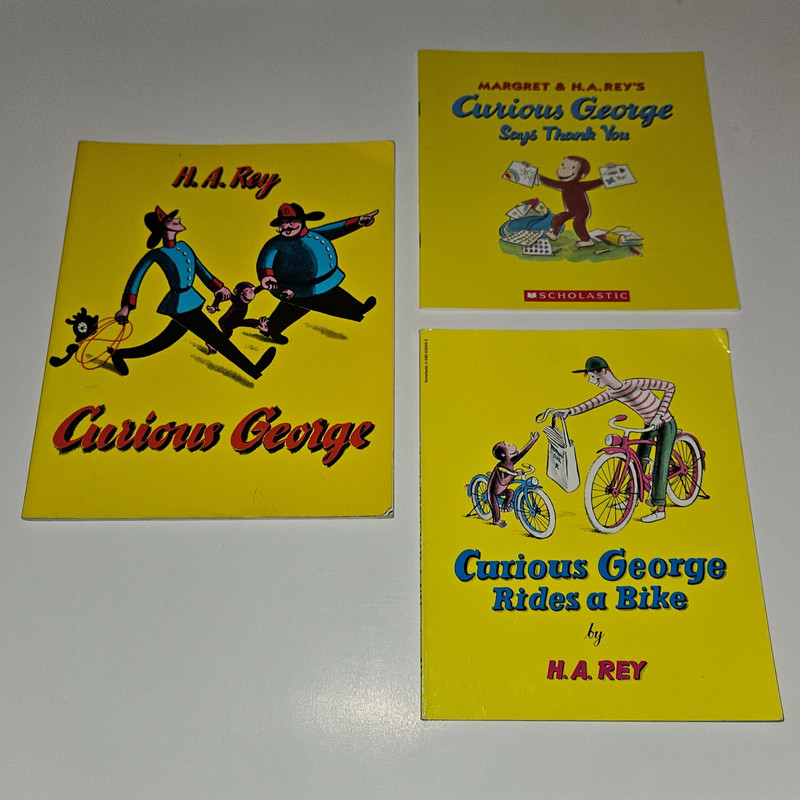 3 Curious George Paperback Book Lot Rides A Bike Says Thank You H.A. Rey