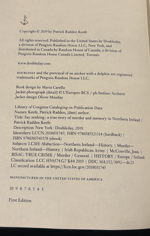 Say Nothing by Patrick Radden Keefe. 1st Edition, Doubleday Hardcover 2019. gallery