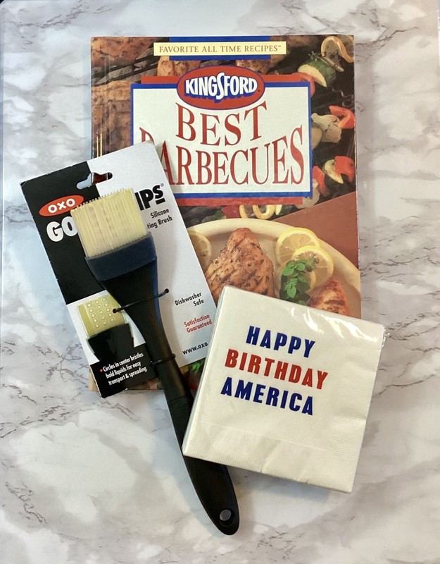 Kingsford BBQ Cook Book & OXO Basting Brush & Happy Birthday America Bev Nap