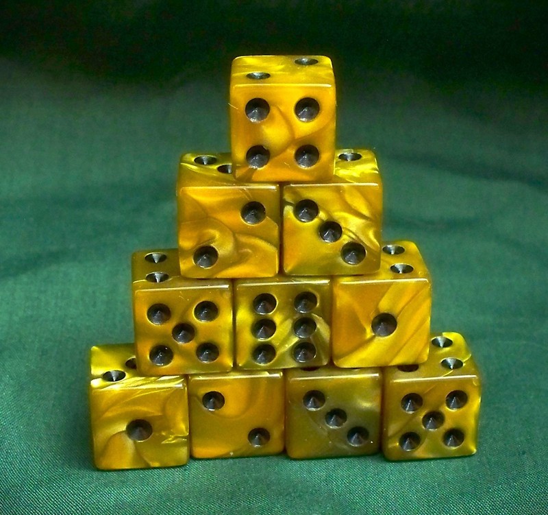 d6 DICE SET (10) 16mm – GOLD MARBLED/BLACK PIPS, WARHAMMER, D&D, RPG, NEW