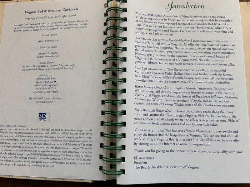 Virginia Bed Breakfast Cookbook 2005 spiral hardback 325 pages gallery