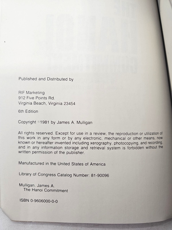The Hanoi Commitment Capt Jim Mulligan Signed 6th Edition Paperback gallery