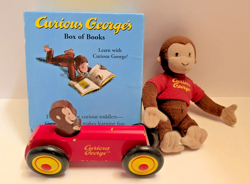 3 Pc Lot Curious George’s Box of Books Wooden Car & Stuffed George