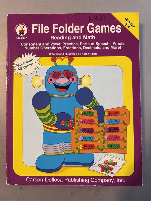 File Folder Games Reading & Math Book Grades 3-4 Carson-Dellosa Over 40 Games