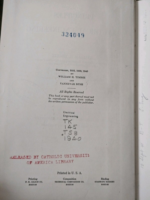 Principles Of Electrical Engineering by Timble & Bush HC 1940 John Wiley & Sons gallery