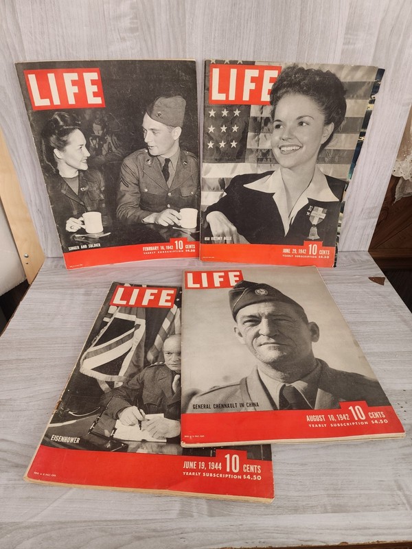 Life Magazines 1942 Feb 18 Jun 29 Aug 10 1944 Jun 19 Lot Of 4 WWII Articles & Ad
