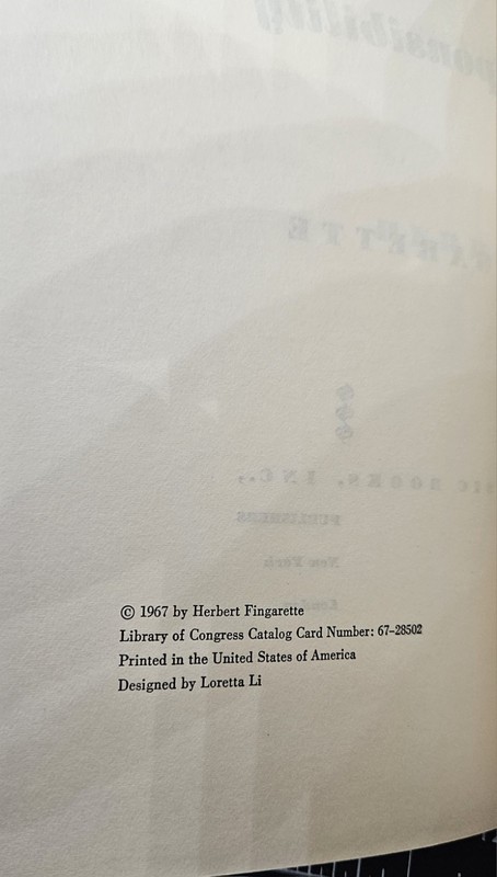 Herbert Fingarette ON RESPONSIBILITY 1967 1st Edition 1st Printing DJ VG gallery
