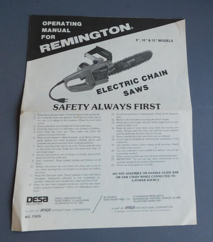 Remington Electric Chain Saws: 8″ 10″ 12″ Models – Operating Manual – Desa Indus