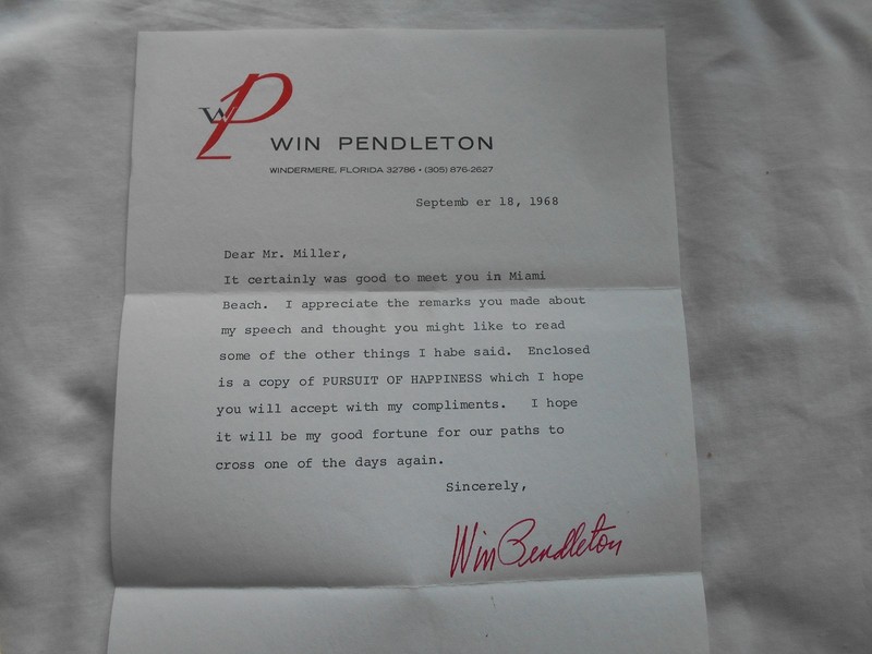 PURSUIT OF HAPPINESS-WINSTON K. PENDLETON-BOOK SIGNED BY AUTHOR & LETTER-1968 gallery