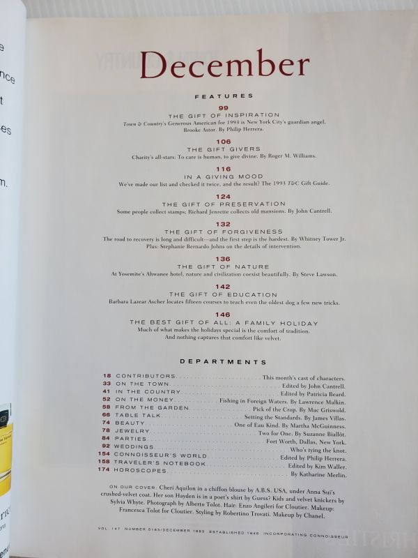 Christmas 1993 Town & Country magazine Cheri La Rocque Aquilon Brooke Astor RARE gallery
