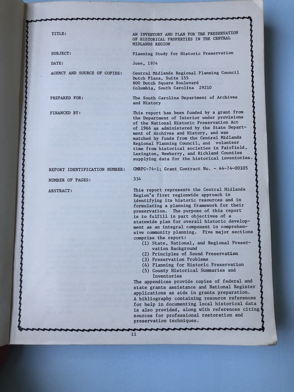 Central Midlands South Carolina Historic Preservation Survey 1974 322 Pages HC gallery