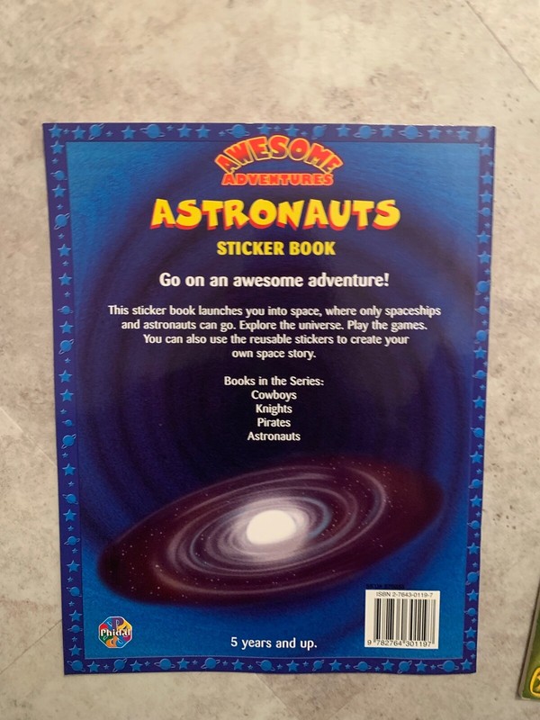 2 Awesome Adventures Reusable Sticker Book - ASTRONAUTS & SAMURAI. Unused! gallery