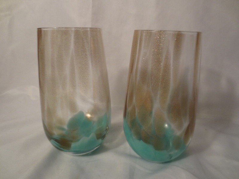 Two (2) FITZ & FLOYD SIMONE High Ball, Gold & Teal Shimmer 6″ Drinking Glasses