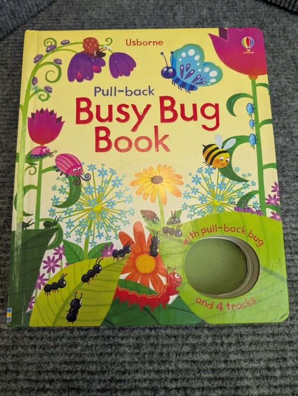 Usborne Pull-back Busy Bug Book w/ 4 Tracks – Missing Toy – Good Condition