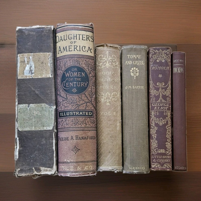 1835-14. Lot Of 7 Rare Antique Brown HC Books Staging Decor Illustrated Ephemera