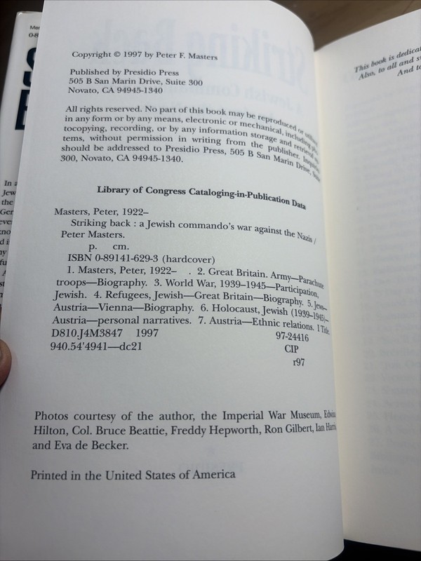 Striking Back A Jewish Commando's War Against the Nazis by Peter Masters 1st Ed gallery