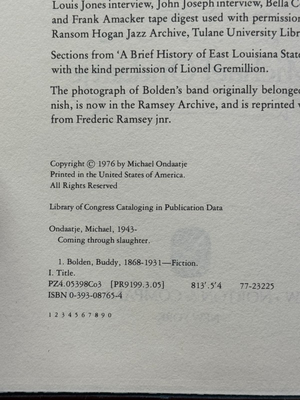 COMING THROUGH SLAUGHTER BY MICHAEL ONDAATJE 1st EDITION INSCRIBED, ASSOCIATION gallery