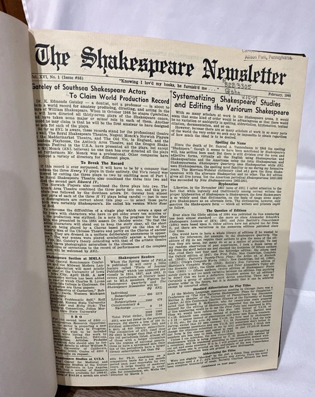 1966-67 Shakespeare Newsletter #16-17 Bound Volume, Library Edition (BM30)