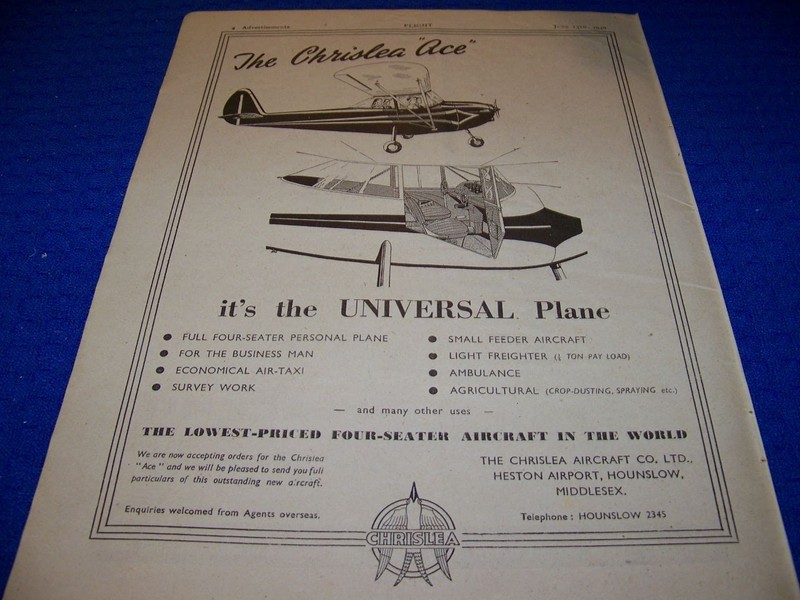 1946 THE CHRISLEA ACE «IT’S THE UNIVESAL PLANE» 1-PAGE SALES AD (931QQ)