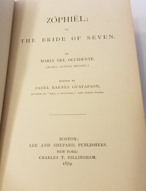 492: Maria Del Occidente "Zophiel; Or, The Bride of Seven" 1879 Lee and Shepard gallery
