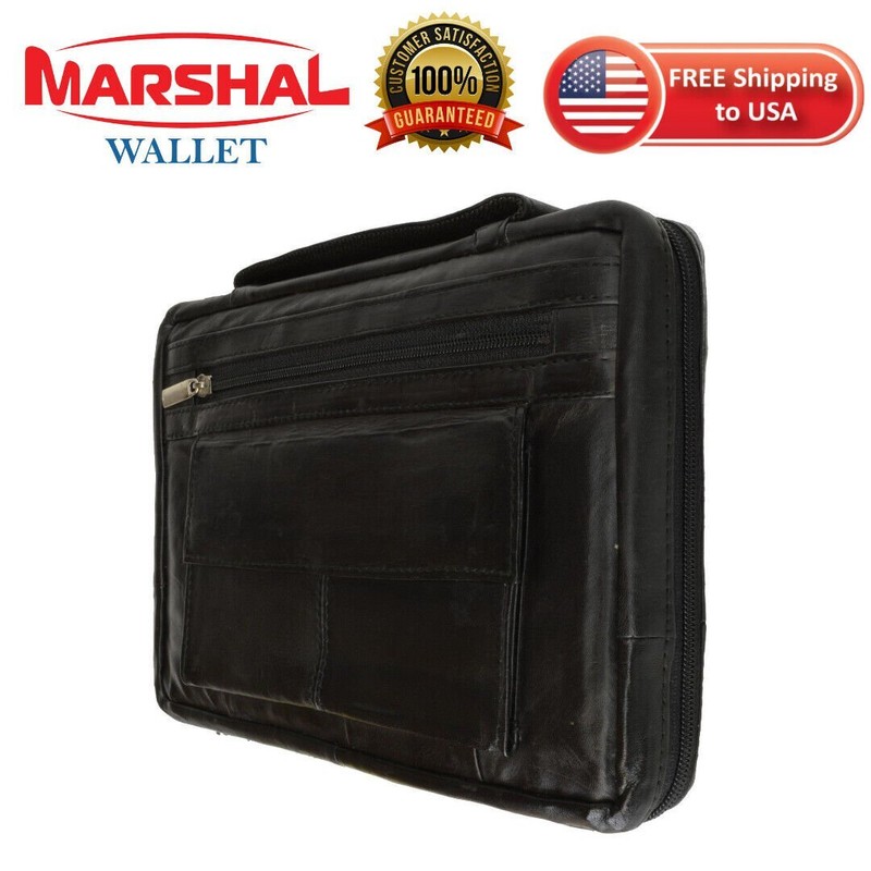 New Large Black Genuine Leather Bible/Book Cover Case Zippered Organizer