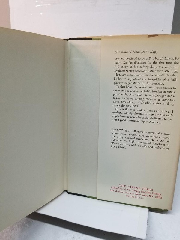 Koufax by Sandy Koufax 1st Edition 1966 Hardcover Viking w/ Dust Jacket - MINT gallery
