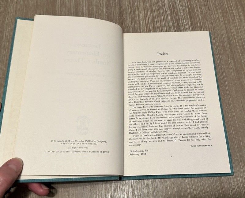 Lectures on Elementary Number Theory by Hans Rademacher 1964 HC/DJ gallery