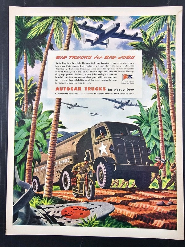 1944 wartime ad for Autocar Trucks, army tanker truck in the pacific