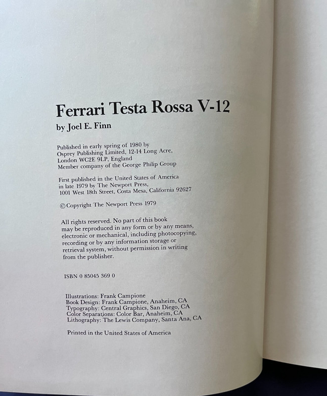 Ferrari Testa Rossa V-12 Classic Hardbound by Joel E. Flnn New! gallery