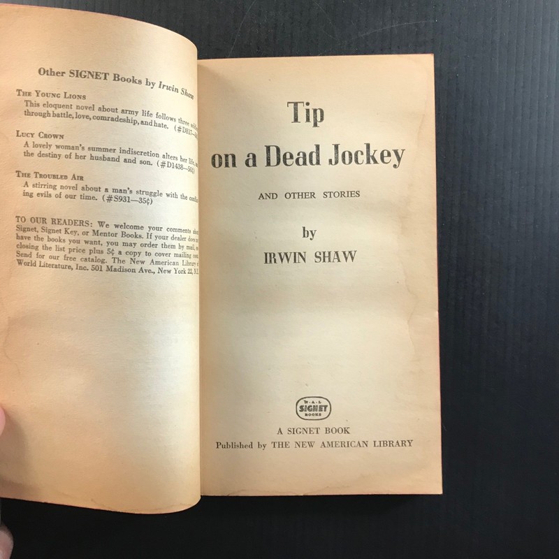 Tip on a Dead Jockey Irwin Shaw 1957 1st Printing Film Tie-In Signet Book gallery