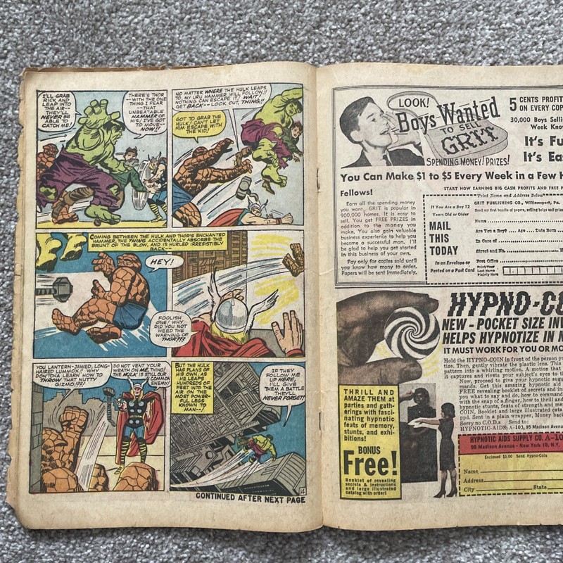 Fantastic Four 26 (1964) Hulk vs Thing, Avengers. Thor, Iron Man app, Kirby art gallery
