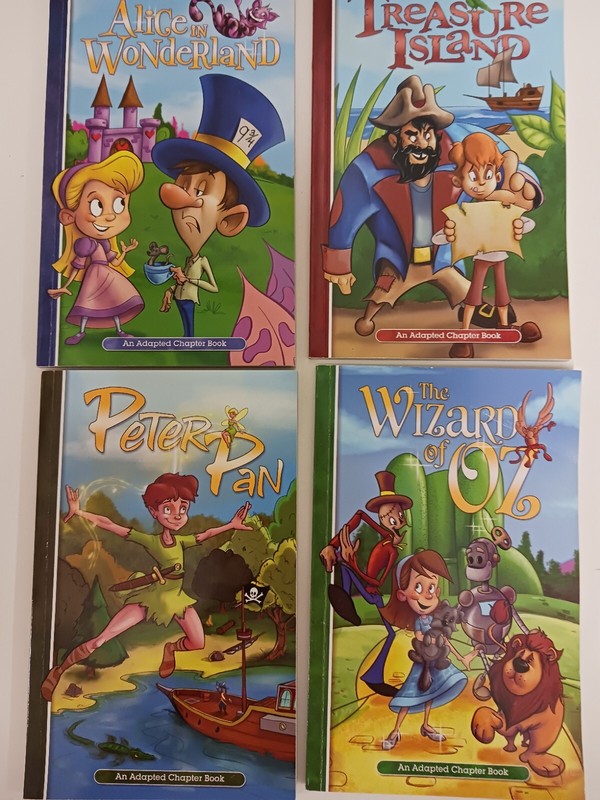4 Adapted Chapter Books for Kids 5+ Peter Pan Wizard of Oz Wonderland Treasure I