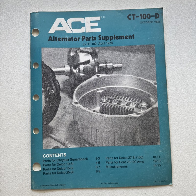ACE Electric Company CT-100-D 1982 Alternator Parts Supplement To CT-100