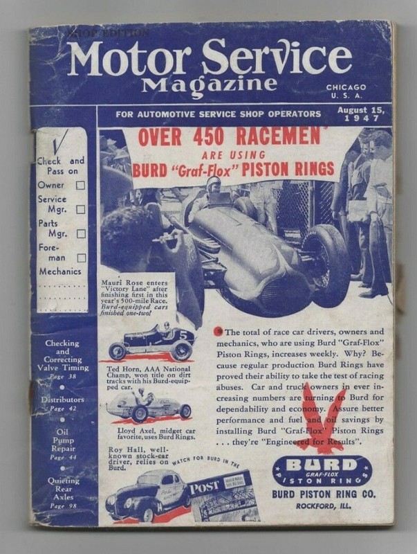 MOTOR SERVICE MAGAZINE, August 1947 (225 Pages) Auto Racing Cover
