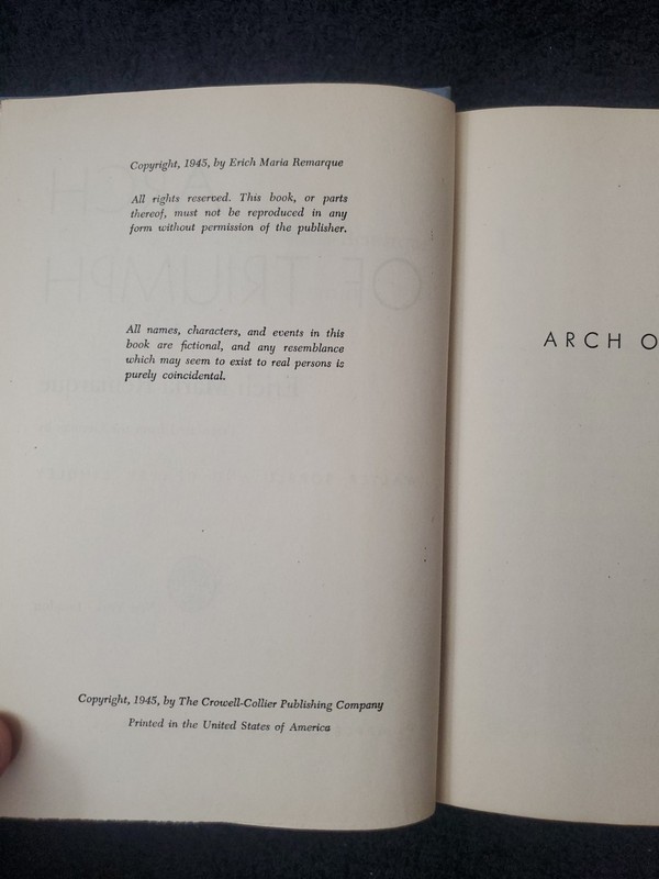 Arch of Triumph by Erich Maria Remarque 1945 Hardcover gallery