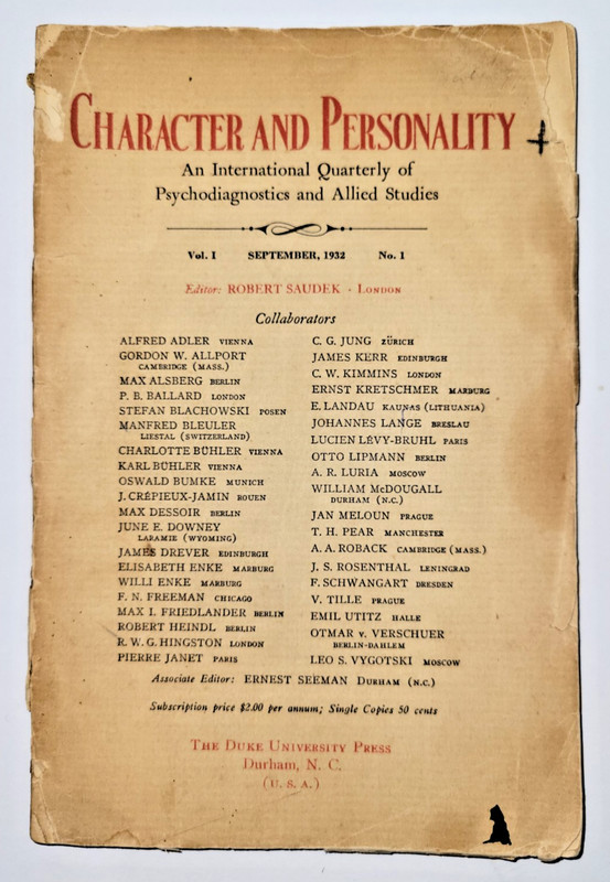 Character and Personality Vol 1 No 1 1932 Jung Adler Allport Vygotsky Duke Press