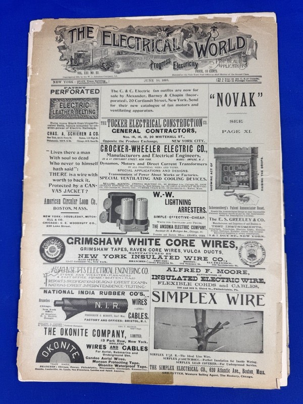 June 10, 1893 The ELECTRICAL WORLD Periodical ~ Tesla Book Ad & Tesla Lawsuit