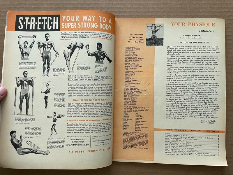 YOUR PHYSIQUE Bodybuilding Weightlifting Magazine August 1950 STEVE REEVES gallery