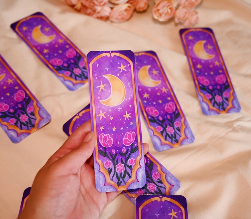 Moon & Stars Floral Laminated Paper Bookmarks, Rectangle, Purple Pink Gold