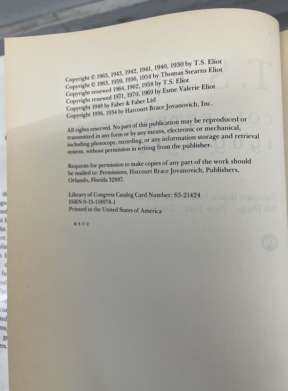 T.S. Eliot Collected Poems 1909-1962 HC 1963 Harcourt Brace Faber Poetry gallery