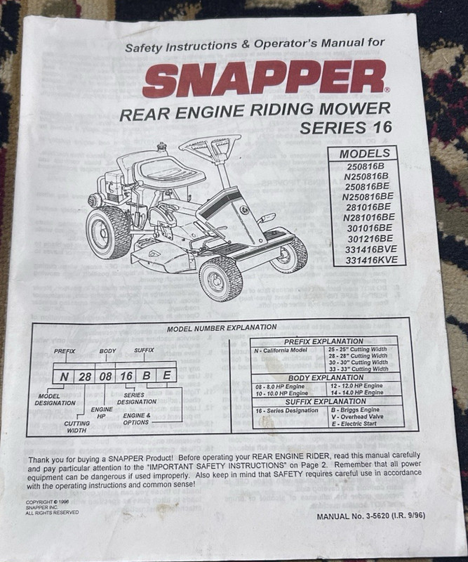 SNAPPER REAR ENGINE RIDING MOWER SERIES 16 250816B THRU 331416KV PARTS MANUAL