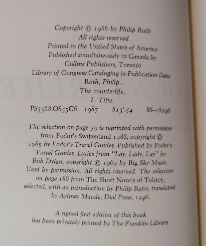 THE COUNTERLIFE by Philip Roth (1987) VERY GOOD 1ST/1ST UNREAD HARDCOVER gallery