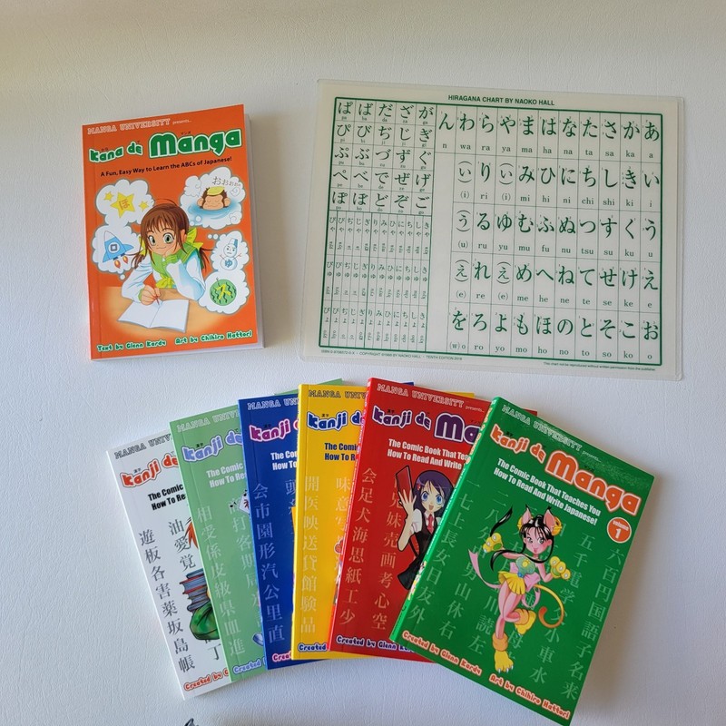 Kanji de Manga Complete Set Vol 1-6 + Kana de Manga & Hiragana Kana Chart UNUSED