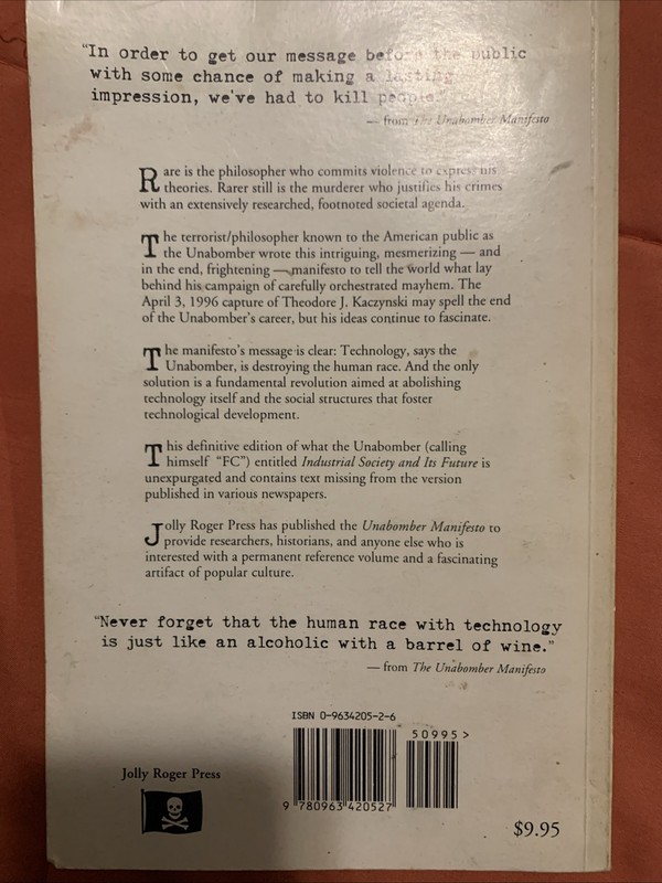 Unabomber Manifesto by “FC” Jolly Roger Press 1st Edition 1995 gallery