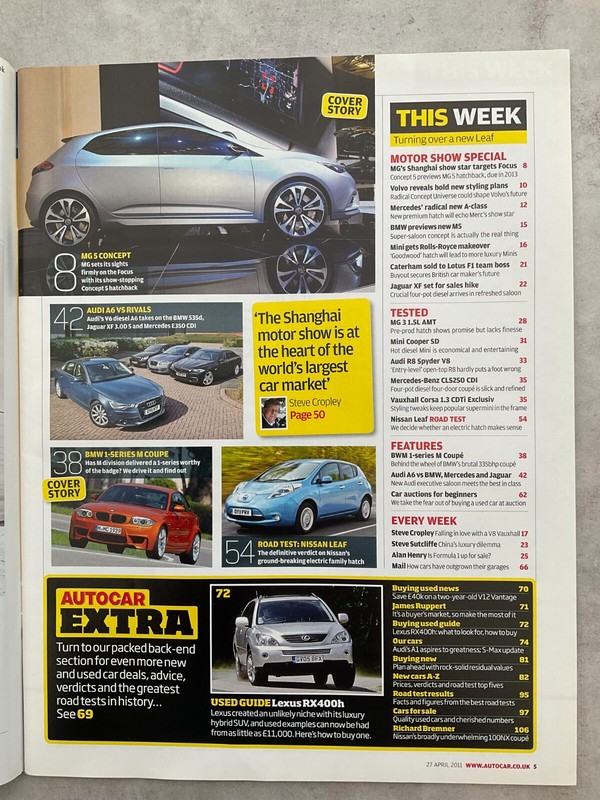 Autocar Magazine - 27 April 2011 - Leaf, Corsa, CLS250, R8, Mini, MG 3, 1 Series gallery