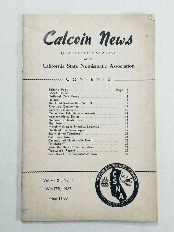 Vintage Calcoin News Quarterly Magazine Volume 21, No. 1 Winter 1967 Coin Book