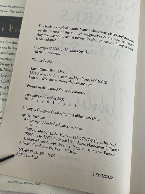 SIGNED Nicholas Sparks At First Sight First Edition First Printing October 2005 gallery